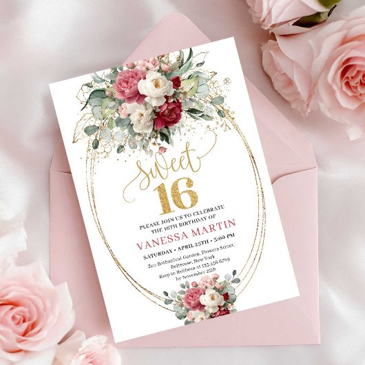 Timeless Red Burgundy Gold Floral Sweet 16 Invite 招待状