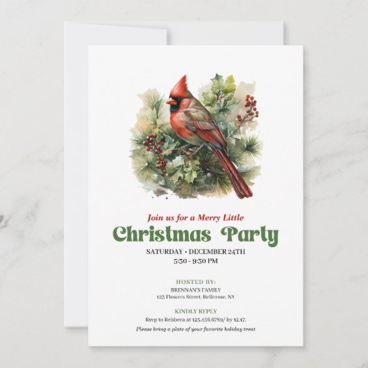 Timeless retro Christmas red cardinal party invite 招待状 (正面)