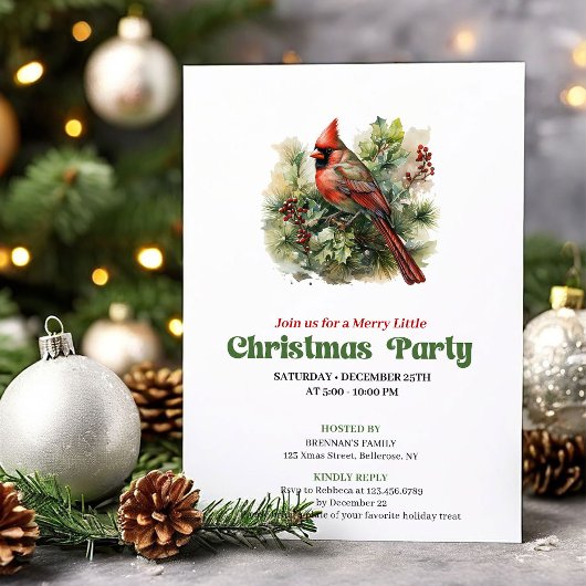 Timeless retro Christmas red cardinal party invite 招待状