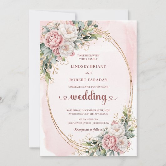 Timeless Rose Gold Blush Greenery Wedding Invites 招待状 (正面)
