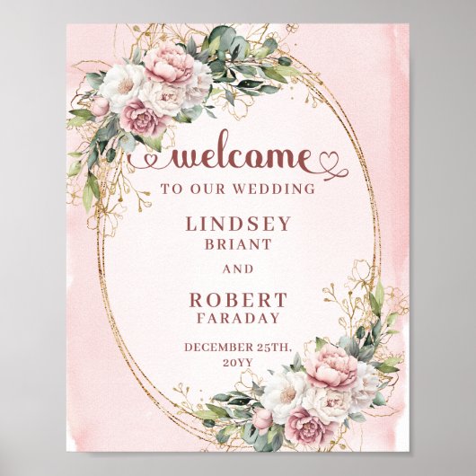 Timeless Rose Gold Flowers Greenery Welcome Sign ポスター (正面)