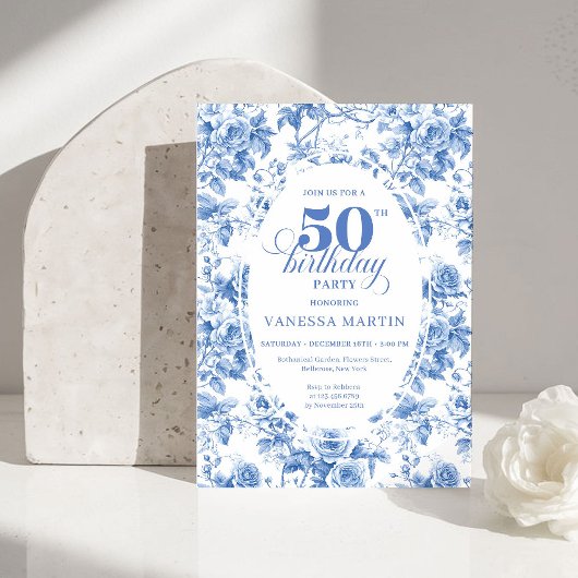Timeless Royal Blue Toile de Jouy 50th Birthday  招待状