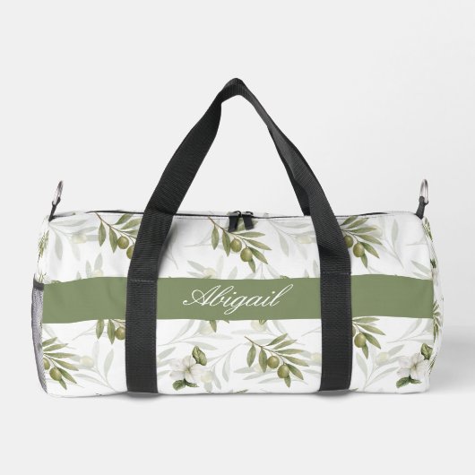 Timeless Sage Olive Watercolor Chic Name ダッフルバッグ (裏面)