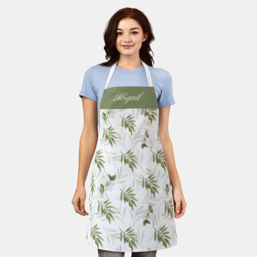 Timeless Sage Olive Watercolor Name  エプロン (着用した状態)
