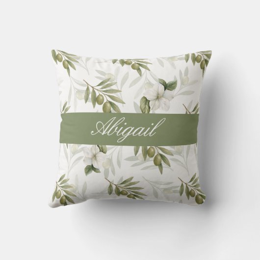 Timeless Sage Olive Watercolor Name  クッション (裏面)