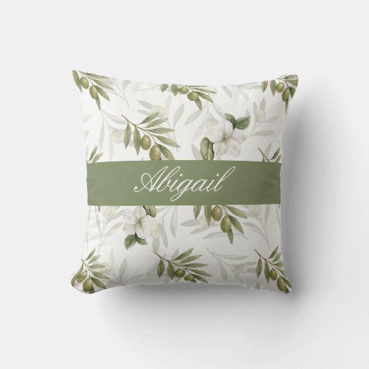 Timeless Sage Olive Watercolor Name クッション (正面)