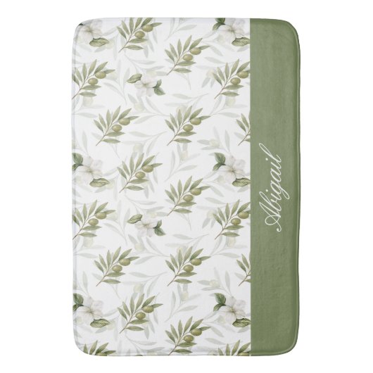 Timeless Sage Olive Watercolor Name  バスマット (正面縦)