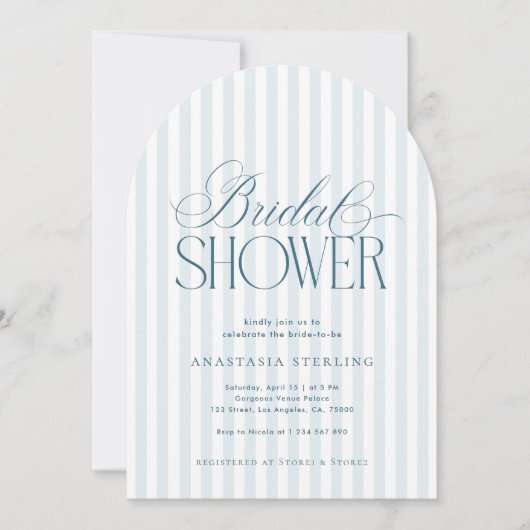 Timeless Script Blue Stripes Arched Bridal Shower 招待状 (正面)
