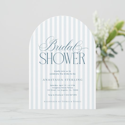 Timeless Script Blue Stripes Arched Bridal Shower 招待状 (スタンド正面)