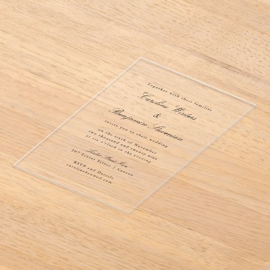 Timeless Script Font Formal Elegant Wedding Clear アクリル招待状 (レイダウン)