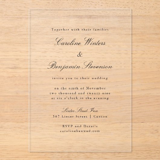 Timeless Script Font Formal Elegant Wedding Clear アクリル招待状 (正面)