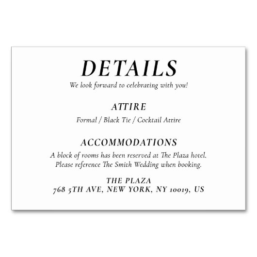 Timeless White Elegant Wedding Detail Cards テーブルナンバー (正面)