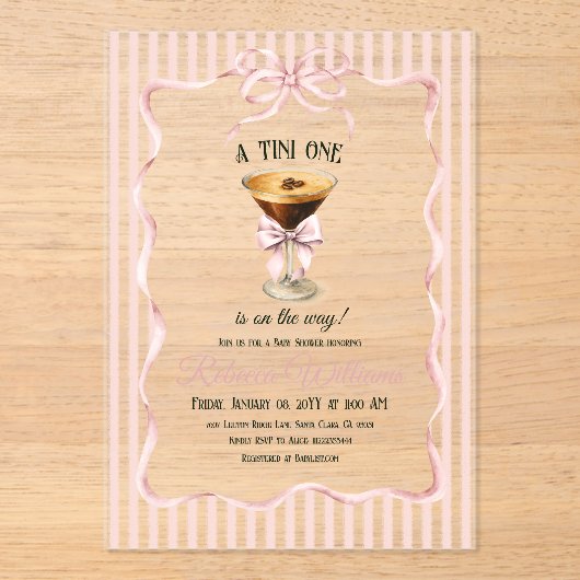 Tini One Bow Coffee Espresso Martini Baby Shower アクリル招待状 (正面)