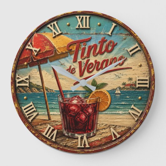 Tinto de Verano Spanish Mediterranean Beach Decor ラージ壁時計 (正面)