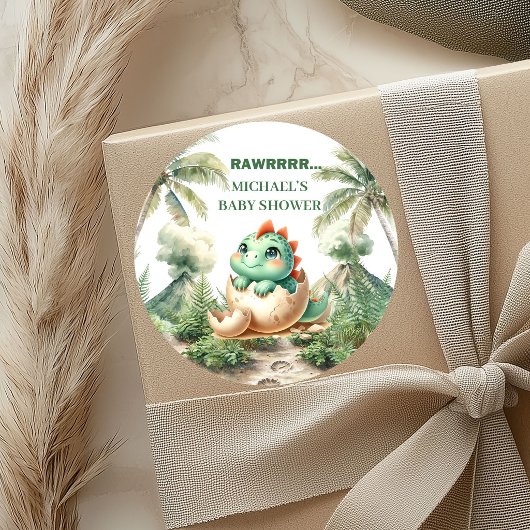 Tiny Baby Dino Stickers for Hatching Soon Shower ラウンドシール