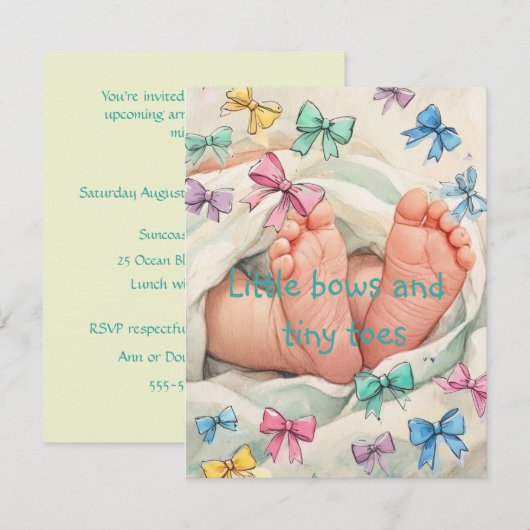 Tiny Bows and Toes デジタルダウンロード招待状 招待状 (正面/裏面)
