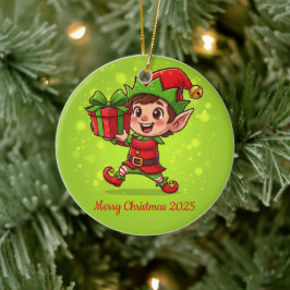 Tiny Christmas Elf with Gift パーソナライズド 2025 セラミックオーナメント