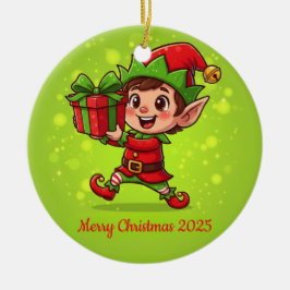 Tiny Christmas Elf with Gift パーソナライズド 2025 セラミックオーナメント