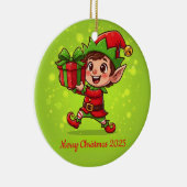 Tiny Christmas Elf with Gift Personalized 2025  セラミックオーナメント (右)