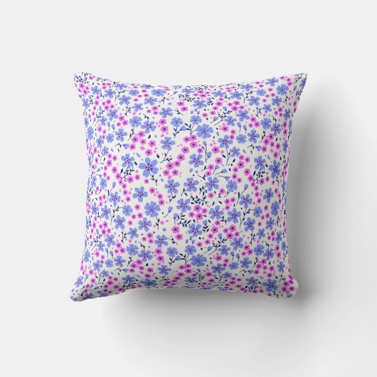 Tiny cute white blue pink floral pattern クッション (裏面)