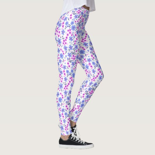 Tiny cute white blue pink floral pattern レギンス (右)