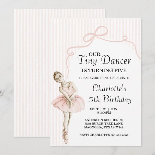 Tiny Dancer Ballerina Pink Girls Birthday 招待状 (正面/裏面)