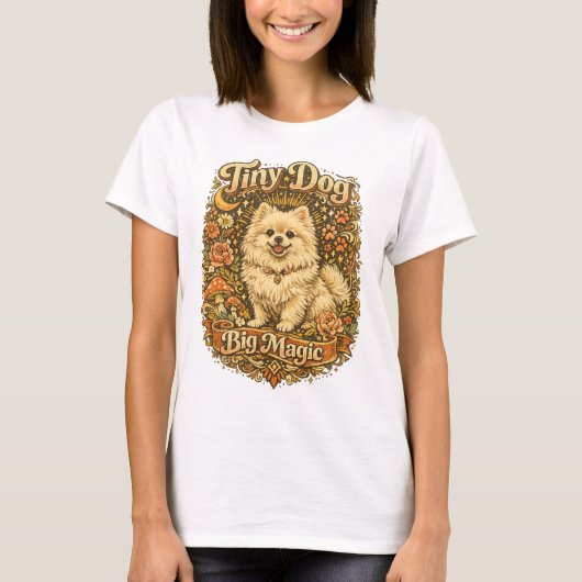 Tiny Dog Big Magic レトロポメラニアン Tシャツ (正面)