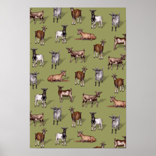 Tiny Goats on Green - Goat Herd Pattern ポスター