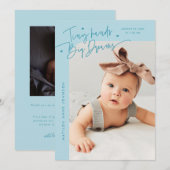 Tiny Hands Big Dreams スクリプト ターコイズ 写真 出生 案内状 (正面/裏面)