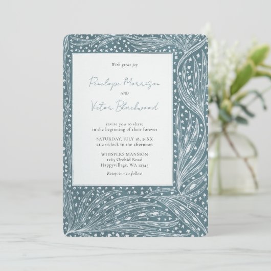 Tiny Heart Leaves Frame on Teal Wedding Invitation 招待状 (スタンド正面)