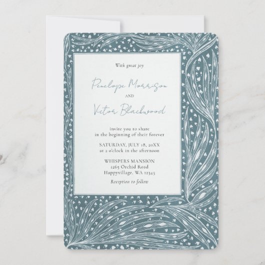 Tiny Heart Leaves Frame on Teal Wedding Invitation 招待状 (正面)