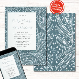 Tiny Heart Leaves Frame on Teal Wedding Invitation 招待状