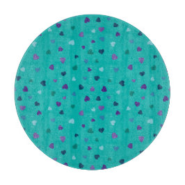 Tiny Hearts, Purple, Teal, Blue on Turquoise カッティングボード