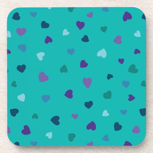 Tiny Hearts, Purple, Teal, Blue on Turquoise コースター (正面)