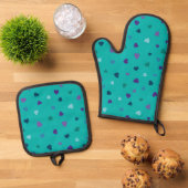 Tiny Hearts, Purple, Teal, Blue on Turquoise 鍋つかみ&鍋敷きセット (トップダウン)