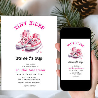 Tiny Kicks Sneakers Sports Pink Baby Shower 招待状