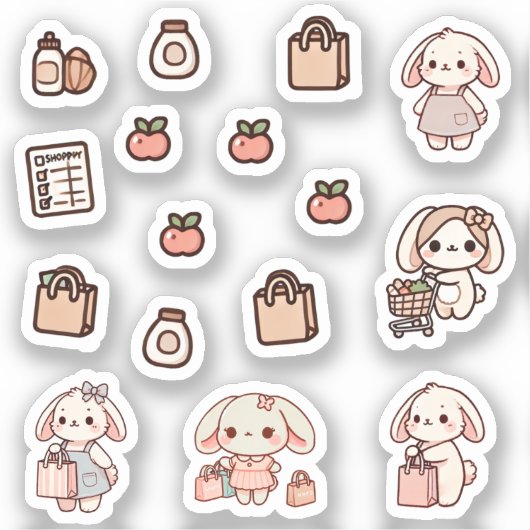 Tiny latte bunny shopping day Sticker シール (正面)