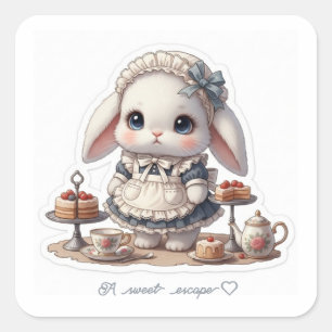 Tiny Maid Bunny - Antique Cafe Style Kawaii Art スクエアシール