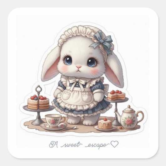 Tiny Maid Bunny - Antique Cafe Style Kawaii Art スクエアシール (正面)