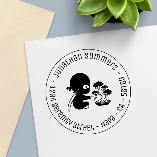 Tiny Ninja Watering Bonsai Tree Round Address セルフインキングスタンプ