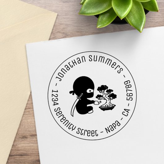 Tiny Ninja Watering Bonsai Tree Round Address ラバースタンプ