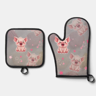 Tiny Pink Piggy Oven Mitt and Pot Holders 鍋つかみ&鍋敷きセット