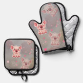 Tiny Pink Piggy Oven Mitt and Pot Holders 鍋つかみ&鍋敷きセット (正面/裏面)