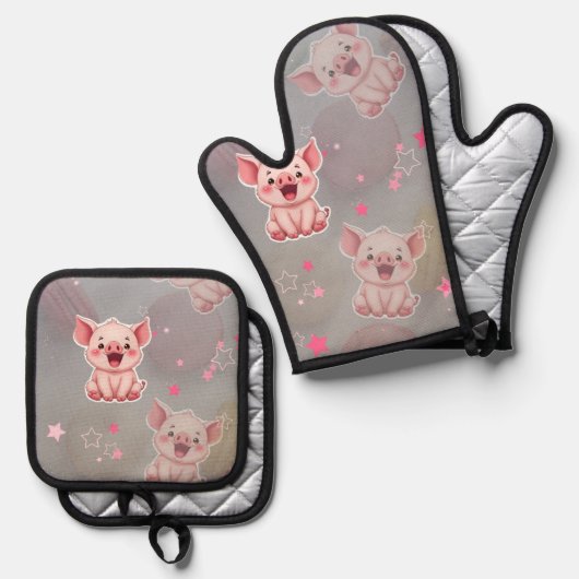  Tiny Pink Piggy Oven Mitt and Pot Holders 鍋つかみ&鍋敷きセット (正面/裏面)