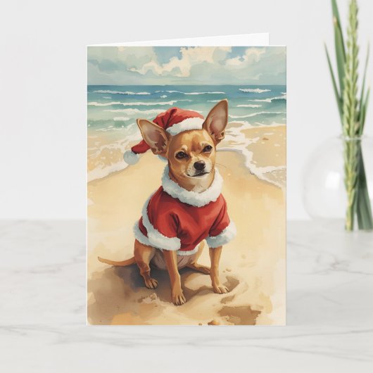 Tiny Santa, Big Cheer – Chihuahua Beach Christmas カード (正面)