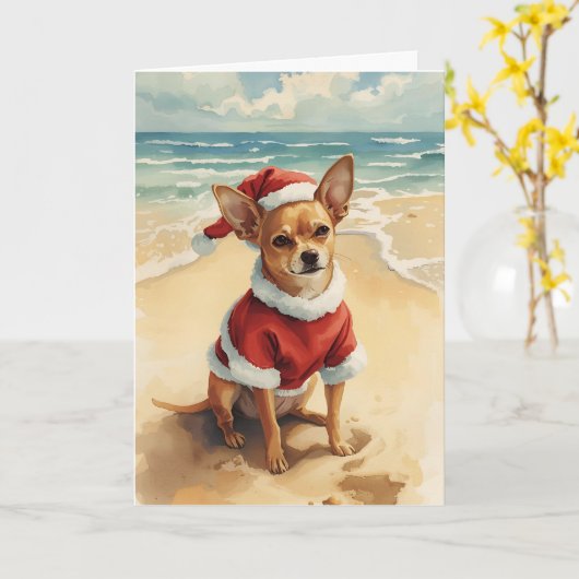 Tiny Santa, Big Cheer – Chihuahua Beach Christmas カード (黄色い花)