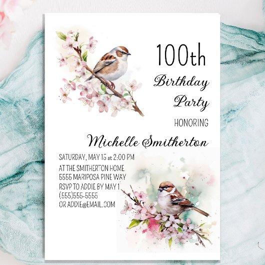 Tiny Sparrow 桜の花 春の100歳の誕生日 招待状