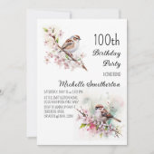 Tiny Sparrow 桜の花 春の100歳の誕生日 招待状 (正面)