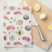 Tiny Sushi Illustration for Nigiri and Maki Fans キッチンタオル (四つ折り)