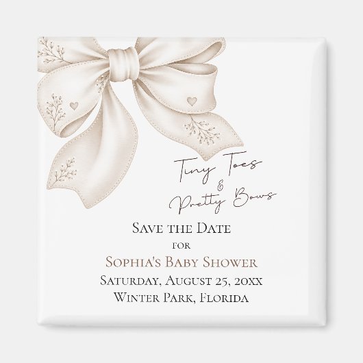 Tiny Toes Pretty Bows ベビーシャワー Save The Date マグネット (正面)